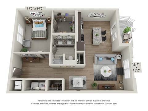 Floor plan for 1 bed, 1 bath, 850 sqft